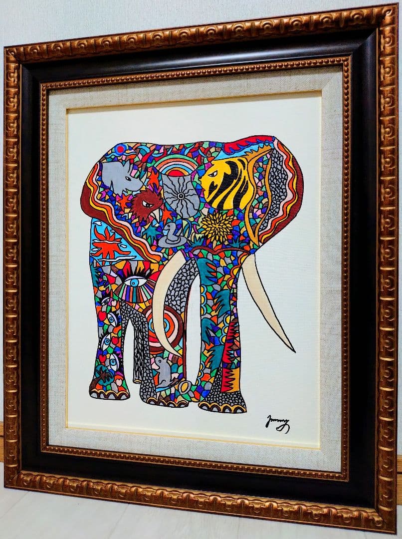 【F6号】ジミー大西【アフリカ】手描き作品/サイン有/油彩/アクリル/絵画/額縁