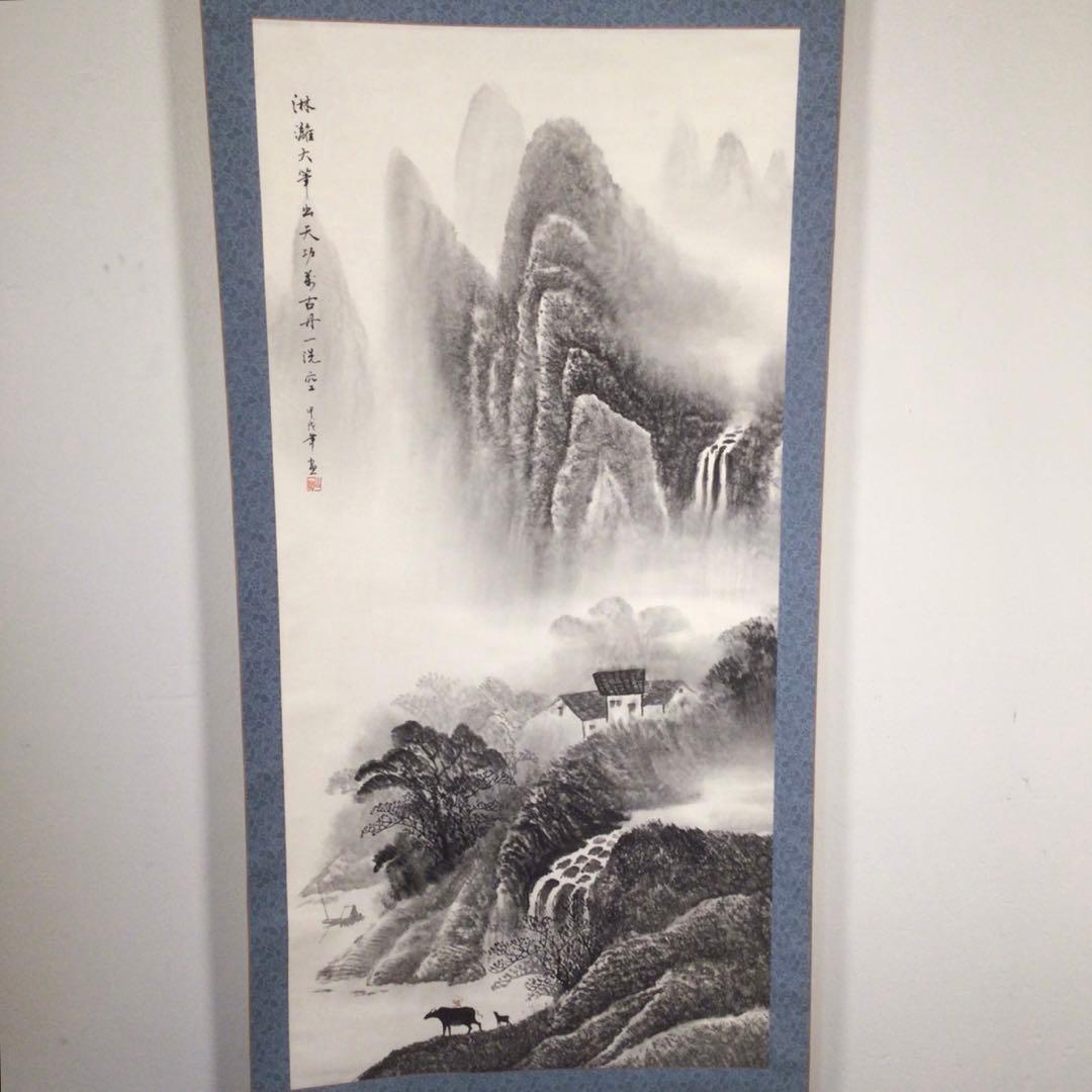 No4144掛軸　在印　山韻　水墨山水画賛　紙本　中国画　古画　古美術　送料無料