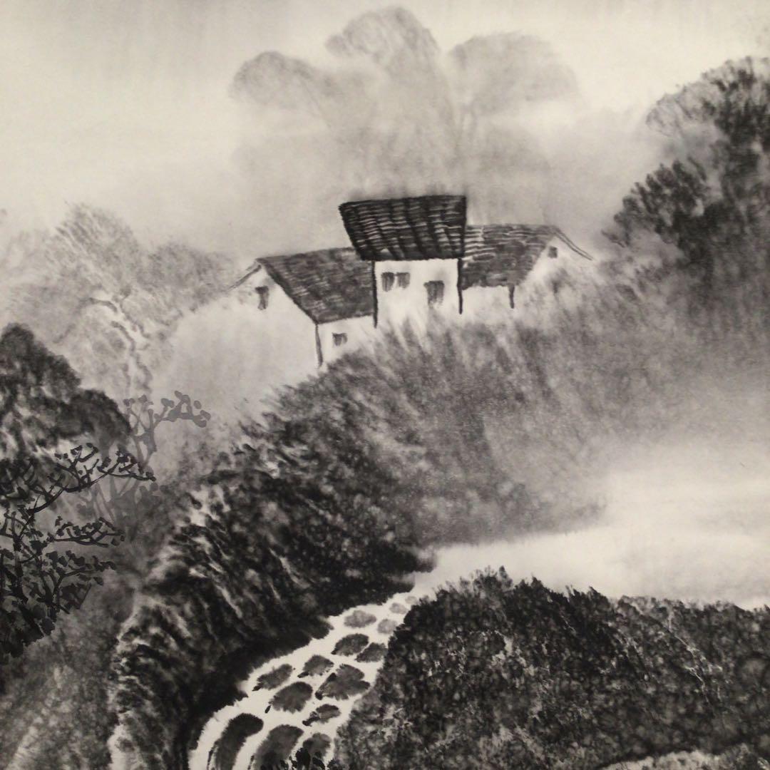 No4144掛軸　在印　山韻　水墨山水画賛　紙本　中国画　古画　古美術　送料無料