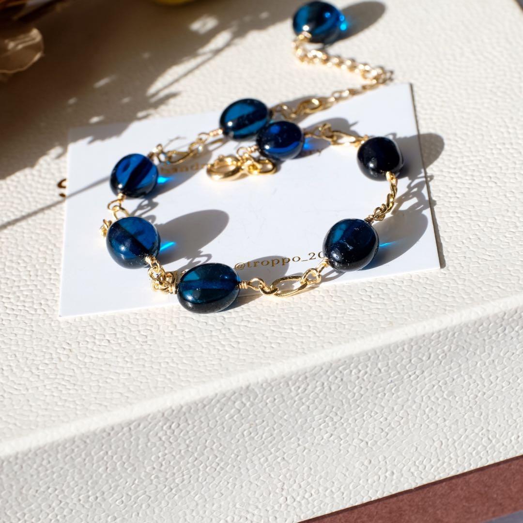 【再販】14kgfサファイアブルーアンバーブレスレット
