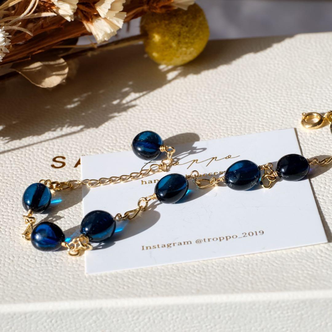 【再販】14kgfサファイアブルーアンバーブレスレット