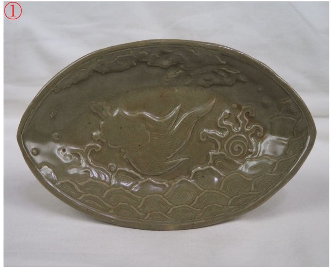 送料無料　【金富士】天龍寺青磁亀文皿　19×11.5ｃｍ　③