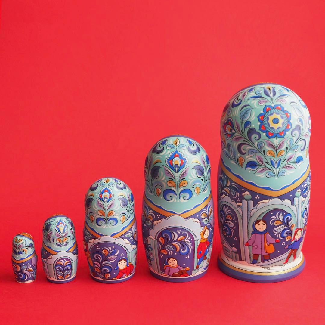 ロシア雑貨☆ウインターマトリョーシカ5P『氷の街 (Ice city)』オリガ作