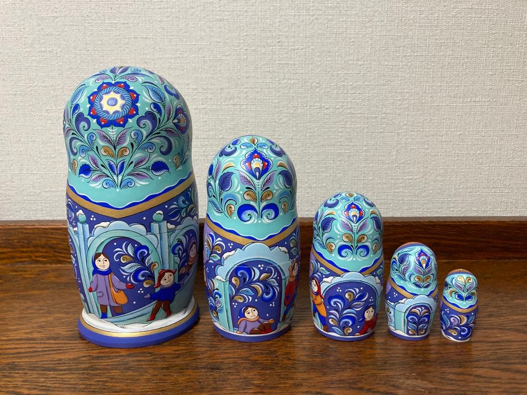 ロシア雑貨☆ウインターマトリョーシカ5P『氷の街 (Ice city)』オリガ作