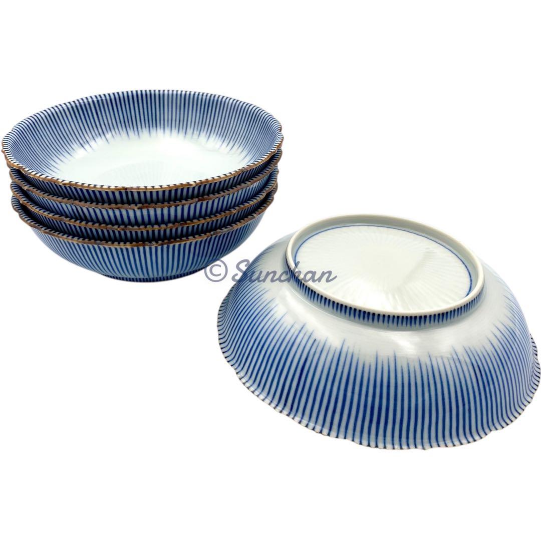 【美品】 京焼 清水焼 染付十草 5Pセット 深皿 小鉢 銘々皿 煮物碗 小皿