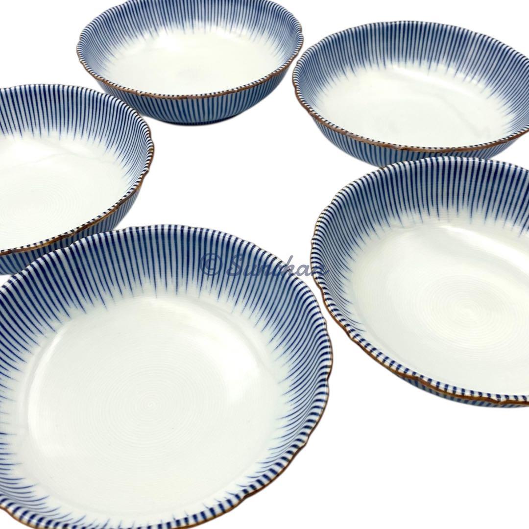 【美品】 京焼 清水焼 染付十草 5Pセット 深皿 小鉢 銘々皿 煮物碗 小皿