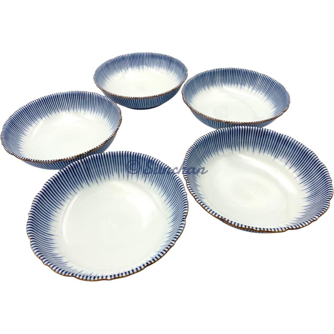 【美品】 京焼 清水焼 染付十草 5Pセット 深皿 小鉢 銘々皿 煮物碗 小皿