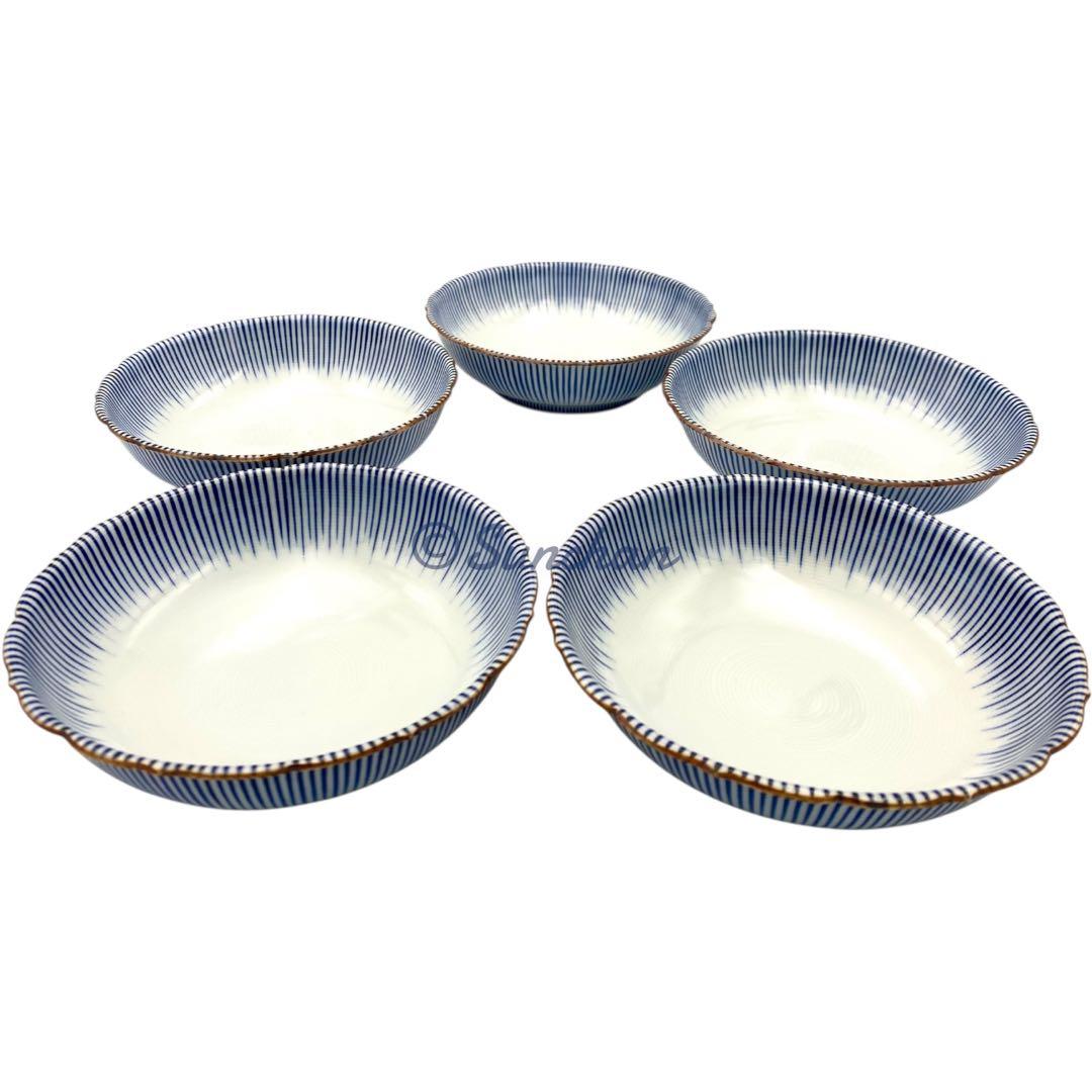 【美品】 京焼 清水焼 染付十草 5Pセット 深皿 小鉢 銘々皿 煮物碗 小皿