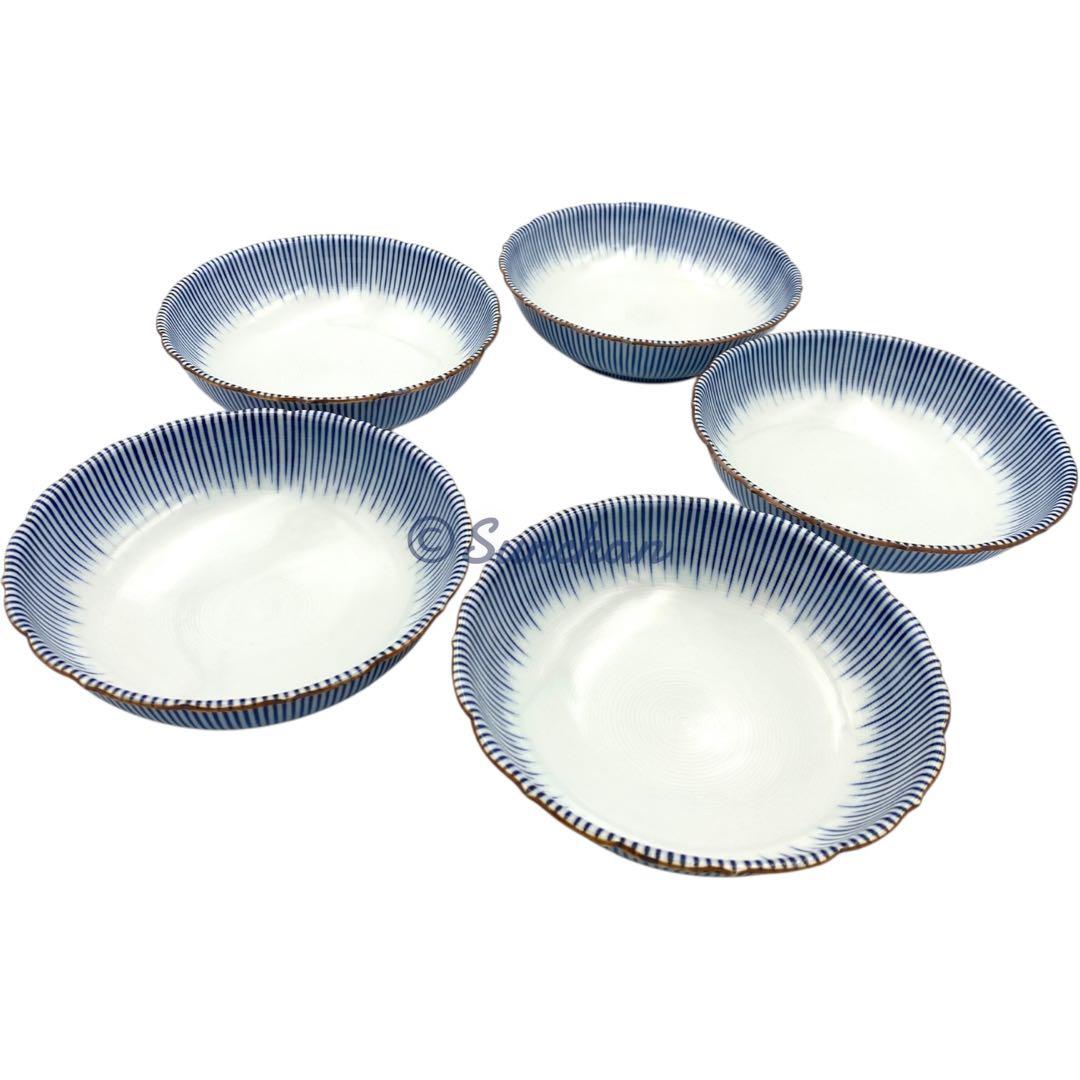 【美品】 京焼 清水焼 染付十草 5Pセット 深皿 小鉢 銘々皿 煮物碗 小皿