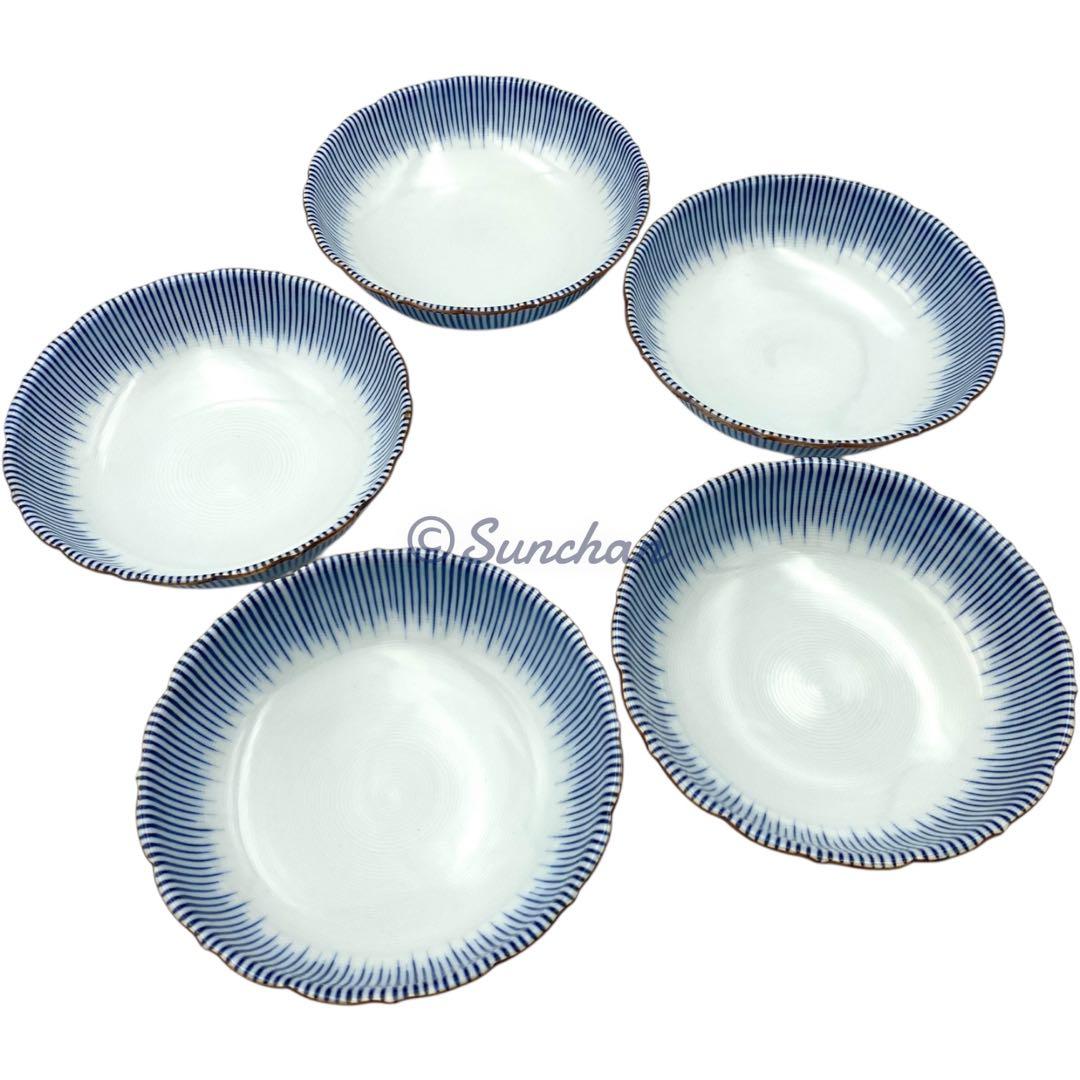 【美品】 京焼 清水焼 染付十草 5Pセット 深皿 小鉢 銘々皿 煮物碗 小皿