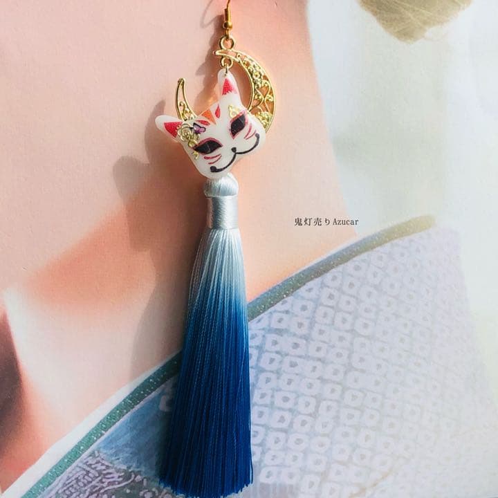 猫の嫁入り　鬼灯と傘と猫面の和風ピアス イヤリング(3点セット)