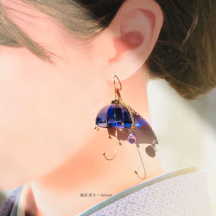 猫の嫁入り　鬼灯と傘と猫面の和風ピアス イヤリング(3点セット)