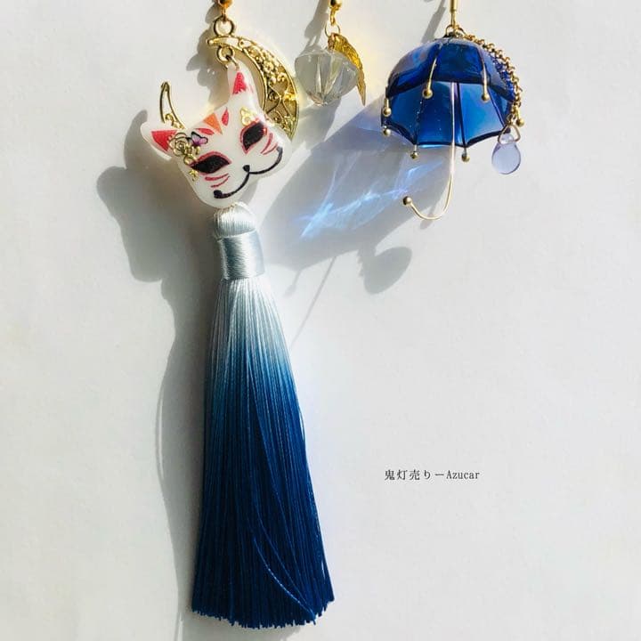 猫の嫁入り　鬼灯と傘と猫面の和風ピアス イヤリング(3点セット)