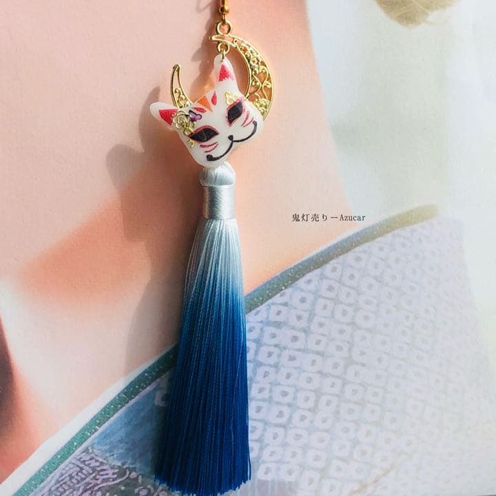 猫の嫁入り　鬼灯と傘と猫面の和風ピアス イヤリング(3点セット)