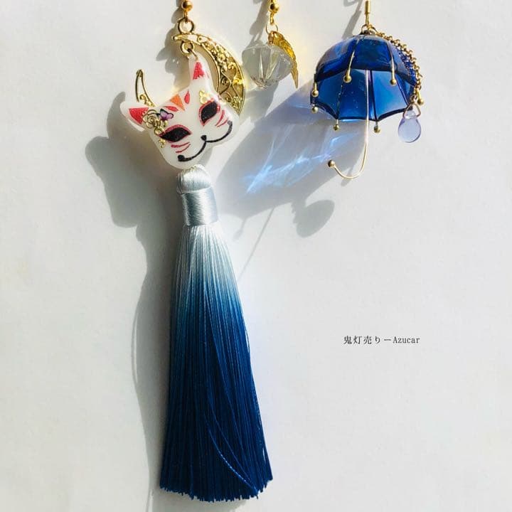 猫の嫁入り　鬼灯と傘と猫面の和風ピアス イヤリング(3点セット)