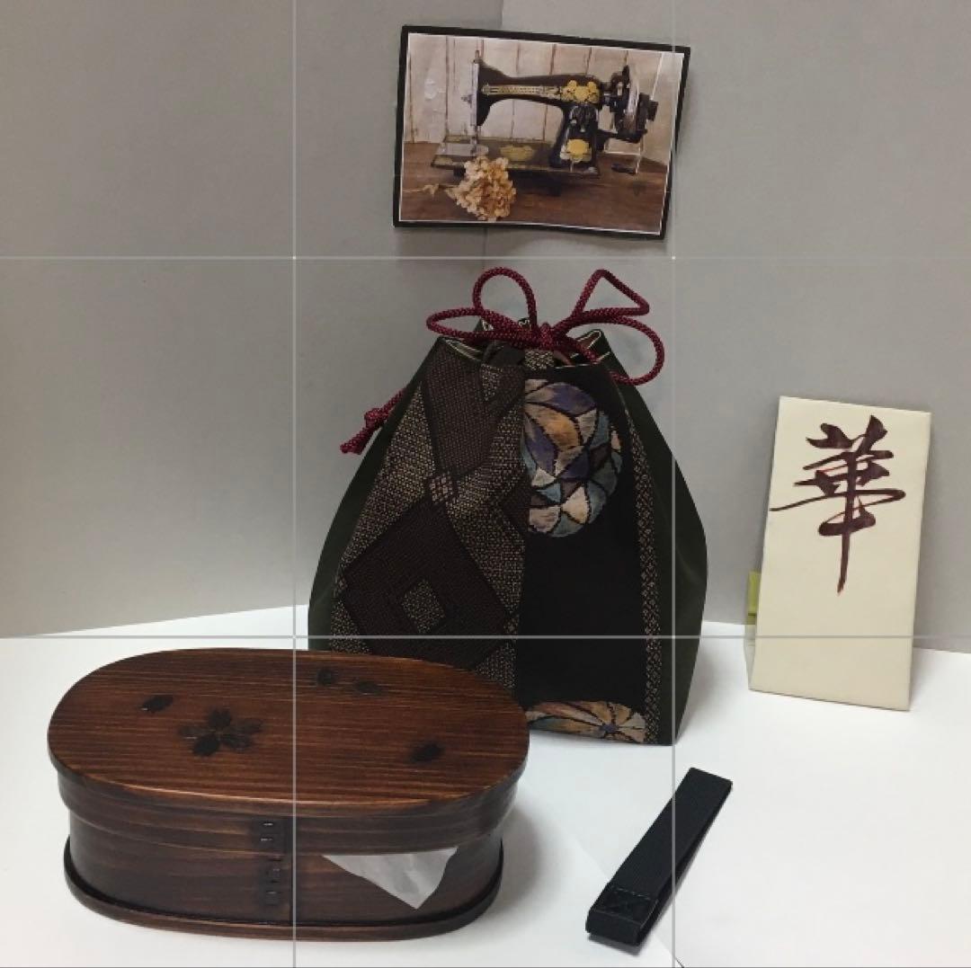 ランチ4点セット 自立巾着　手鞠柄わっぱ桜小判弁当箱2色選べる　箸袋ゴムバンド