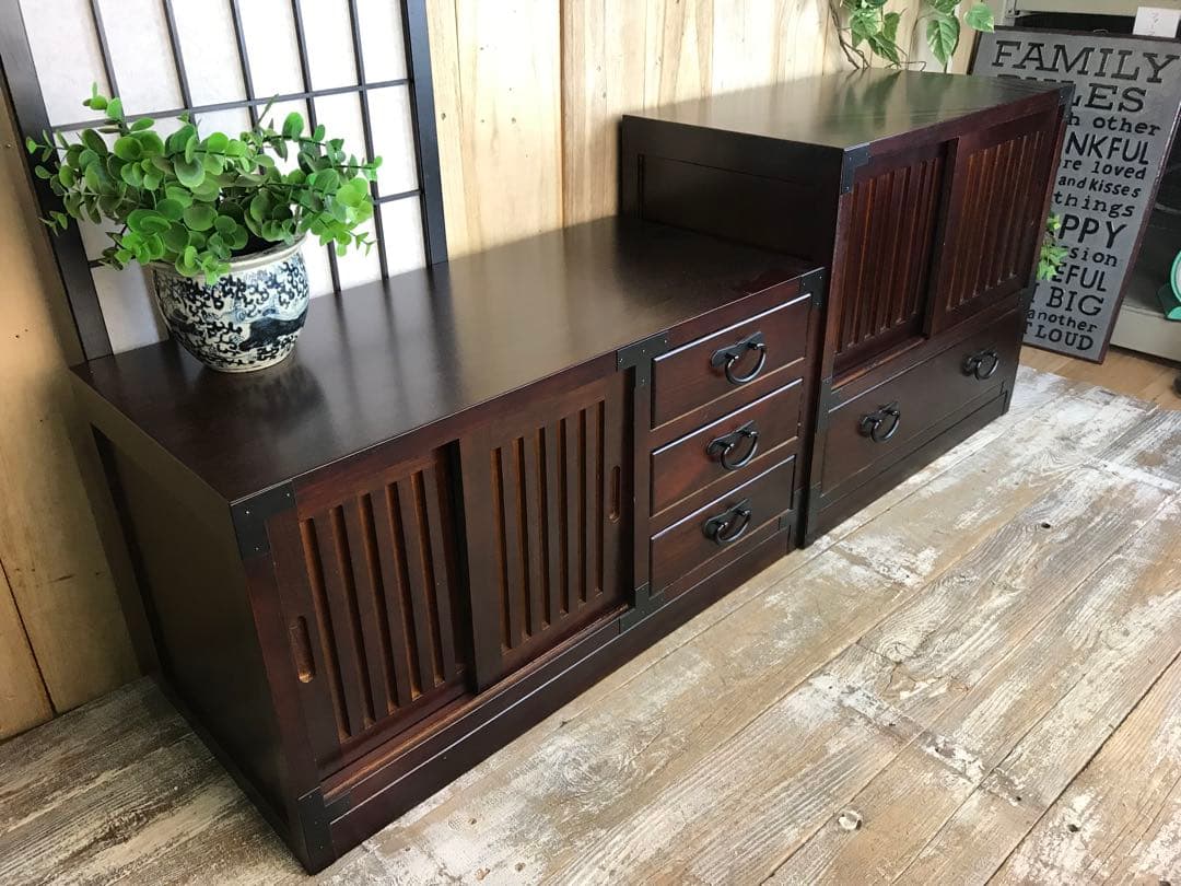 民芸家具引き戸付きタンスチェスト2点セット木製桐材天然無垢飾り棚収納家具和箪笥