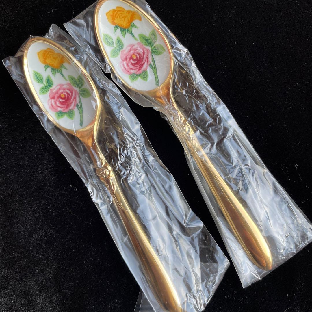 新品未使用　リンデン　ゴールド仕上げ　薔薇の七宝焼スプーン　6本箱入