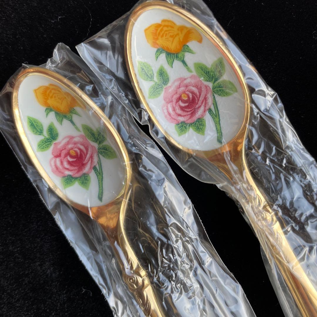新品未使用　リンデン　ゴールド仕上げ　薔薇の七宝焼スプーン　6本箱入