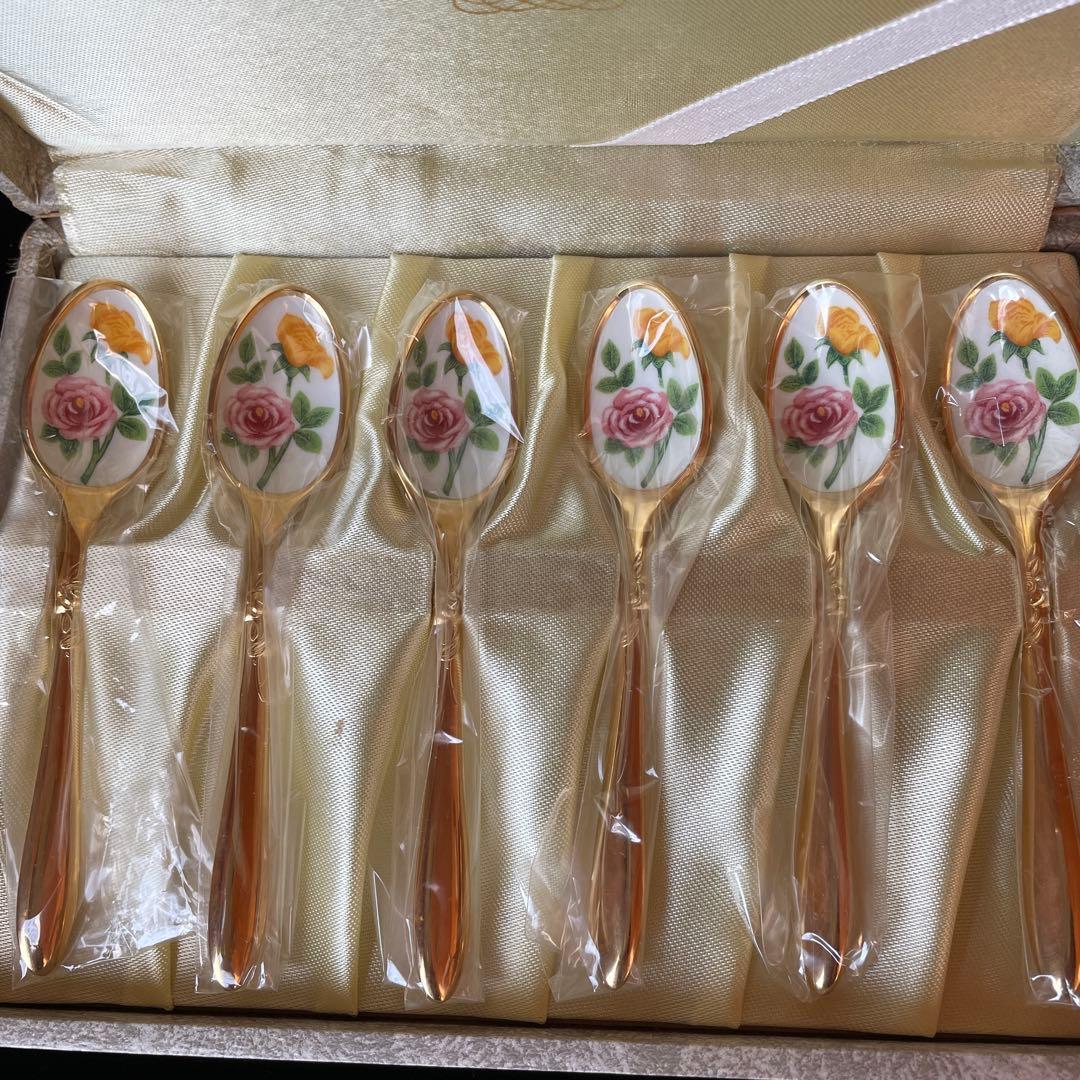 新品未使用　リンデン　ゴールド仕上げ　薔薇の七宝焼スプーン　6本箱入