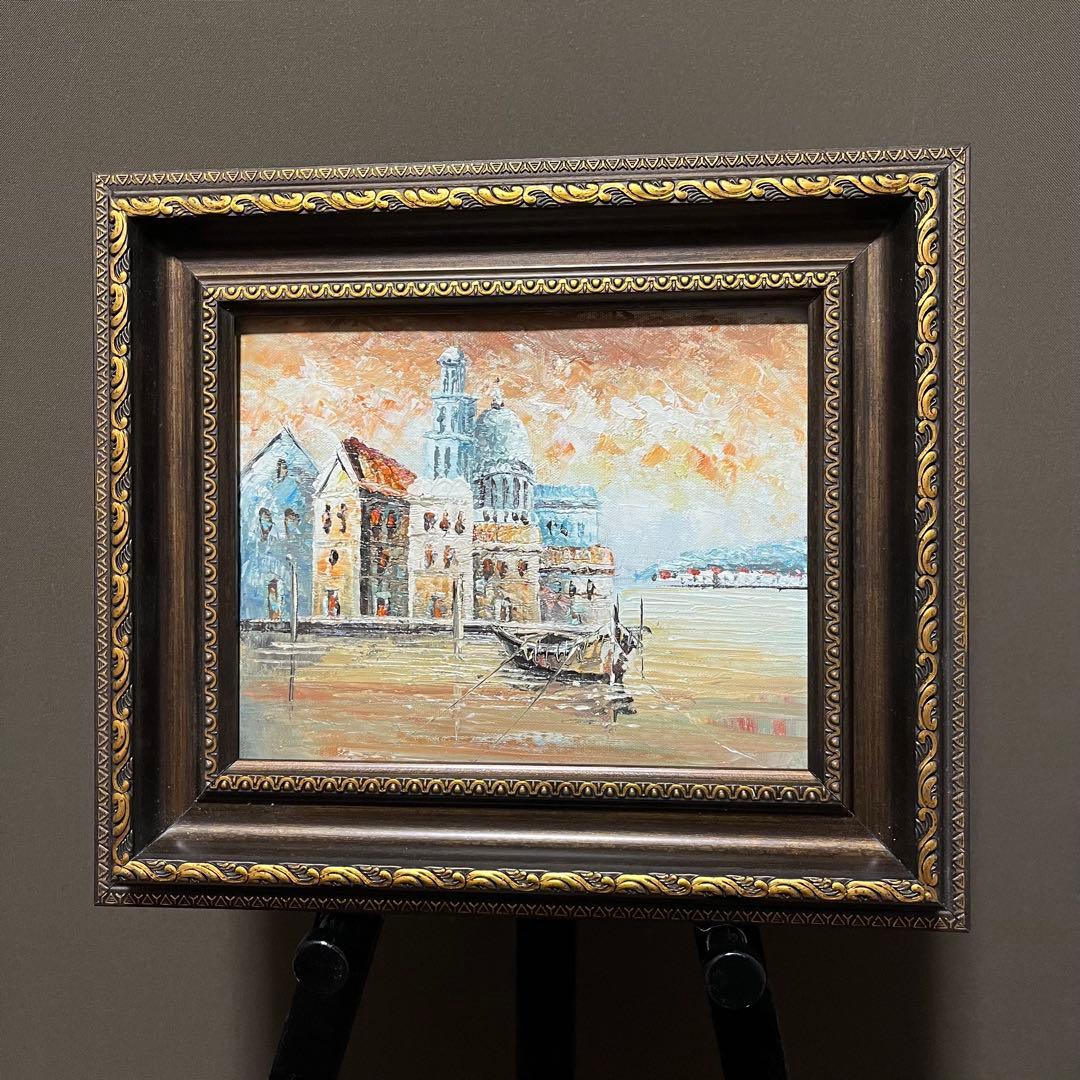 手書き油絵 水上の街 額付き 肉筆絵画 インテリア 油彩画