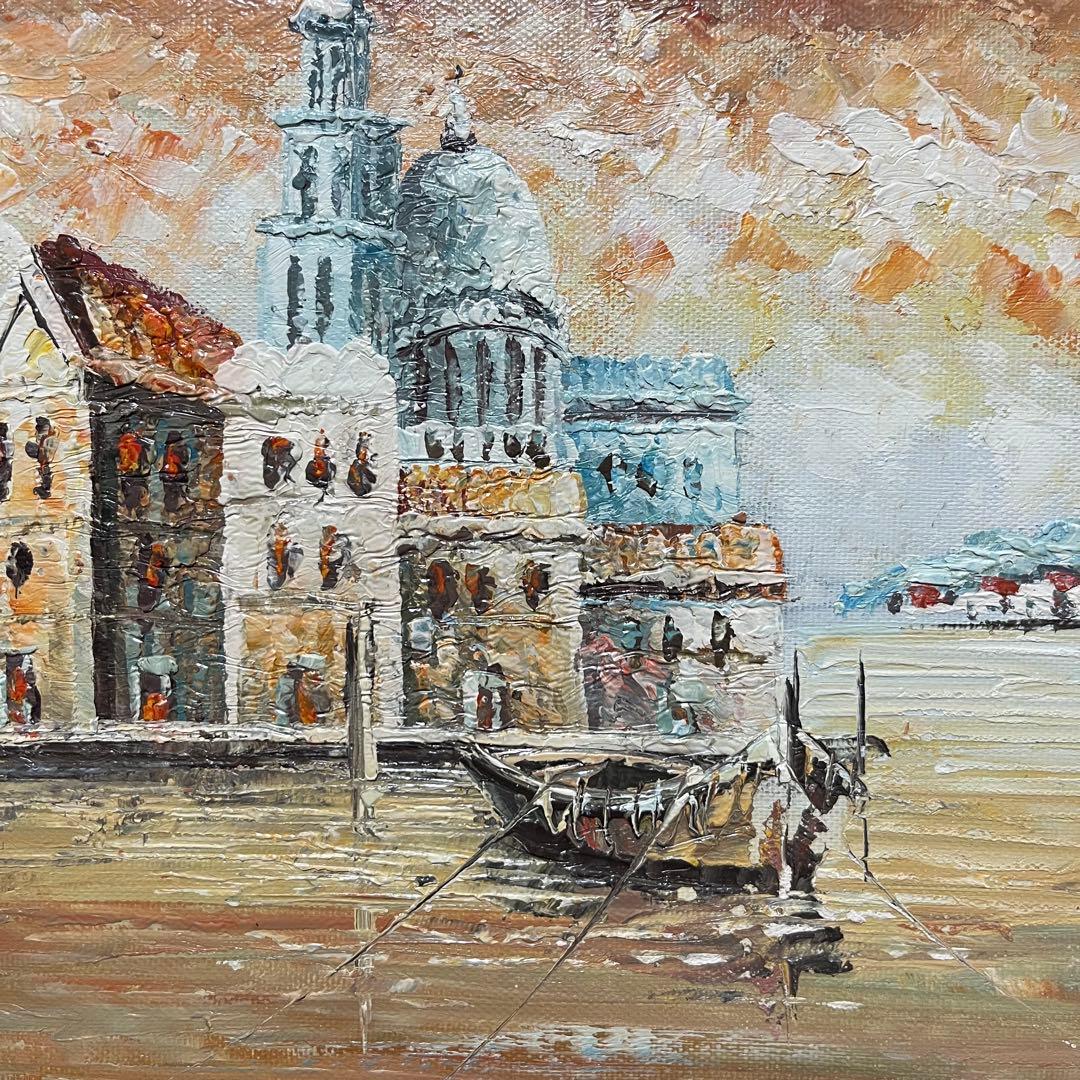 手書き油絵 水上の街 額付き 肉筆絵画 インテリア 油彩画