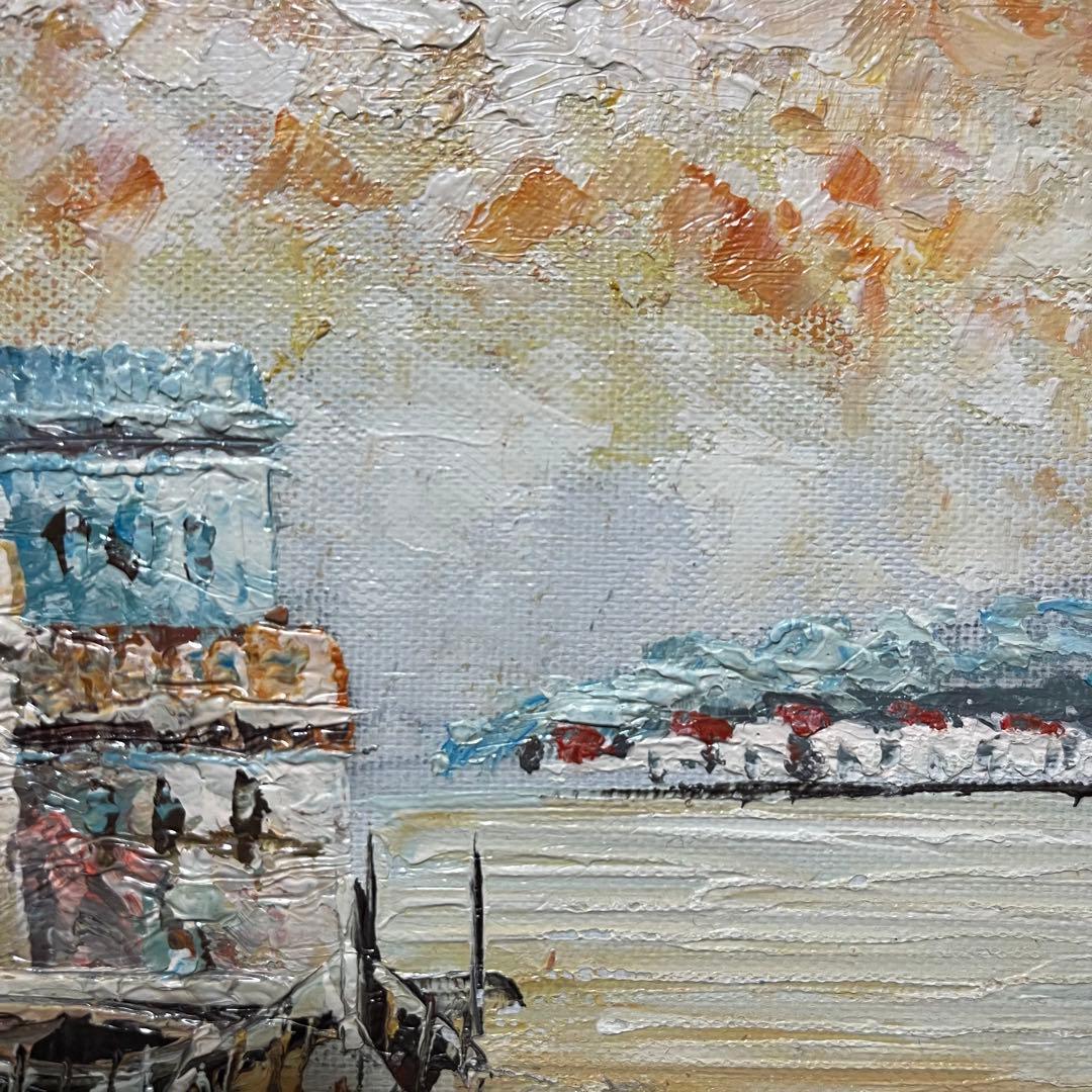 手書き油絵 水上の街 額付き 肉筆絵画 インテリア 油彩画