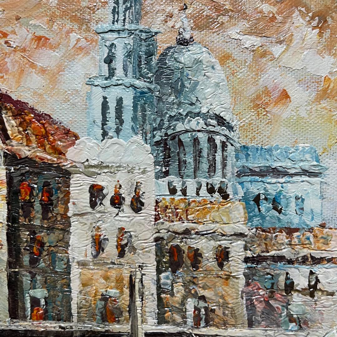 手書き油絵 水上の街 額付き 肉筆絵画 インテリア 油彩画