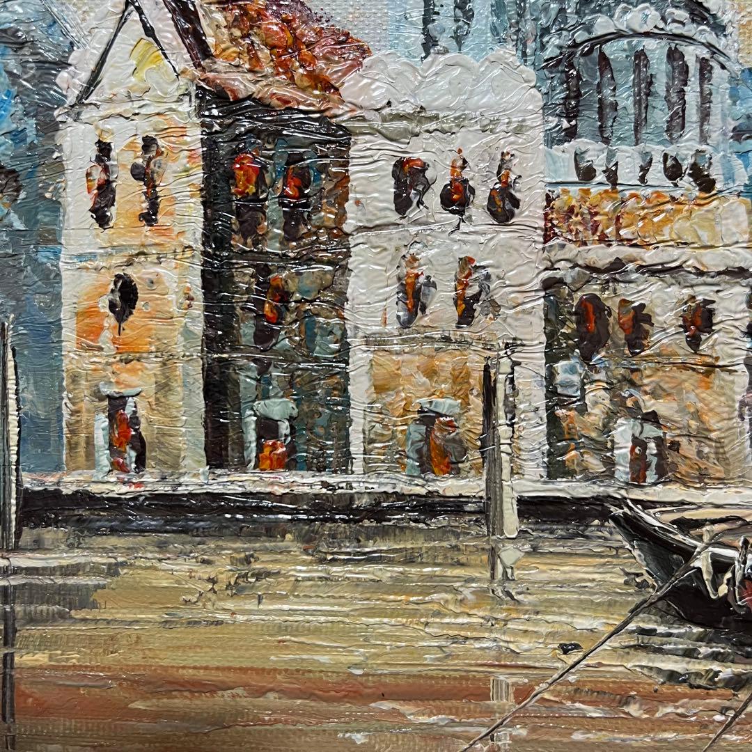 手書き油絵 水上の街 額付き 肉筆絵画 インテリア 油彩画