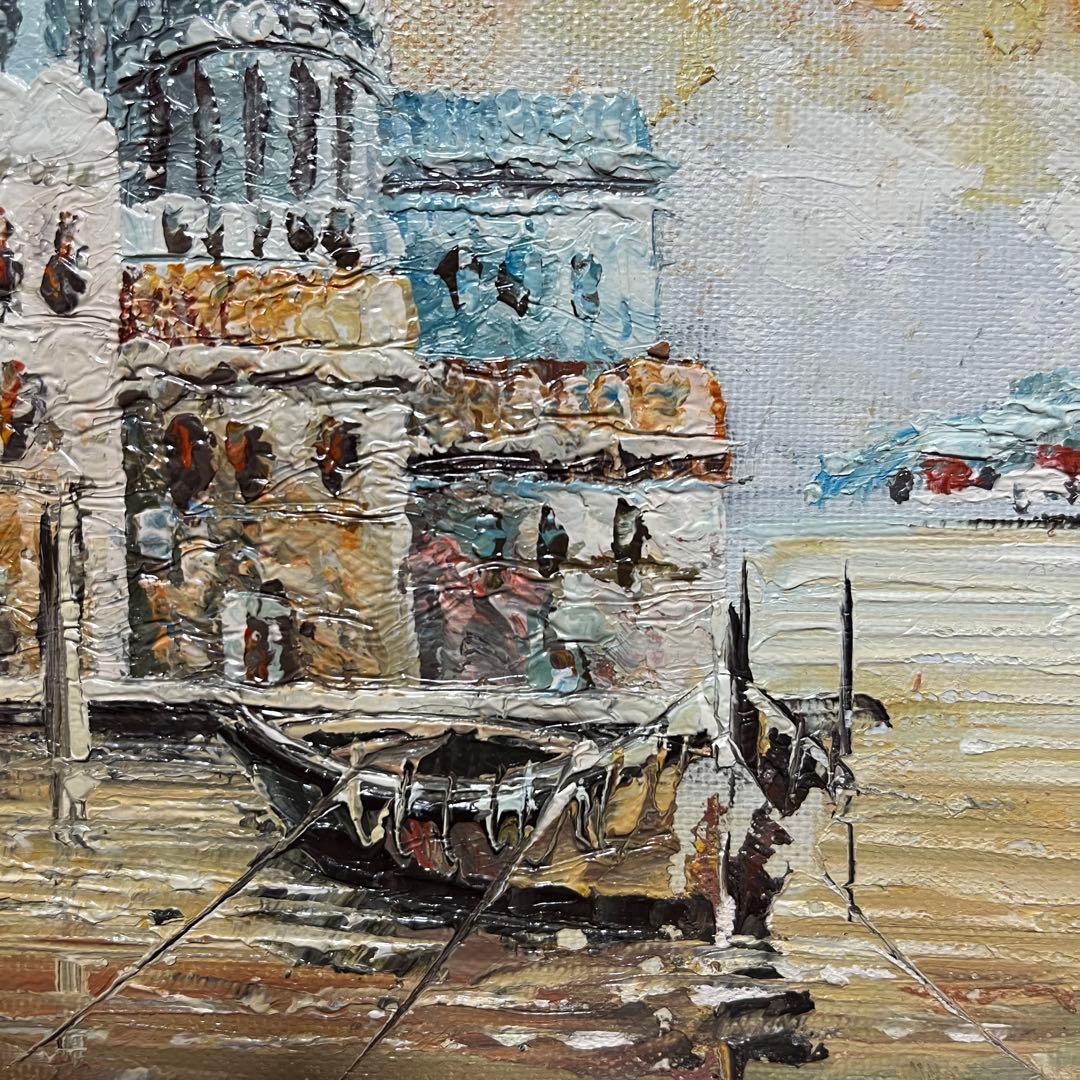 手書き油絵 水上の街 額付き 肉筆絵画 インテリア 油彩画