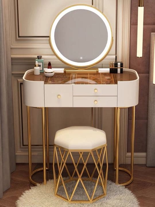 北欧風  オシャレドレッサー　グレー　80cmレザー調 大理石天板 LEDミラー