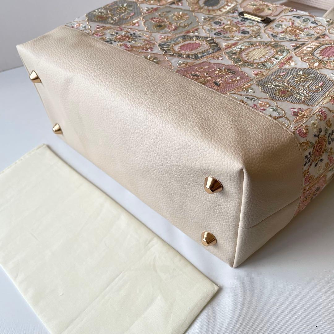 ユリドン　インド刺繍ゴールドオレンジ系と合皮　新サイズM 2wayトート