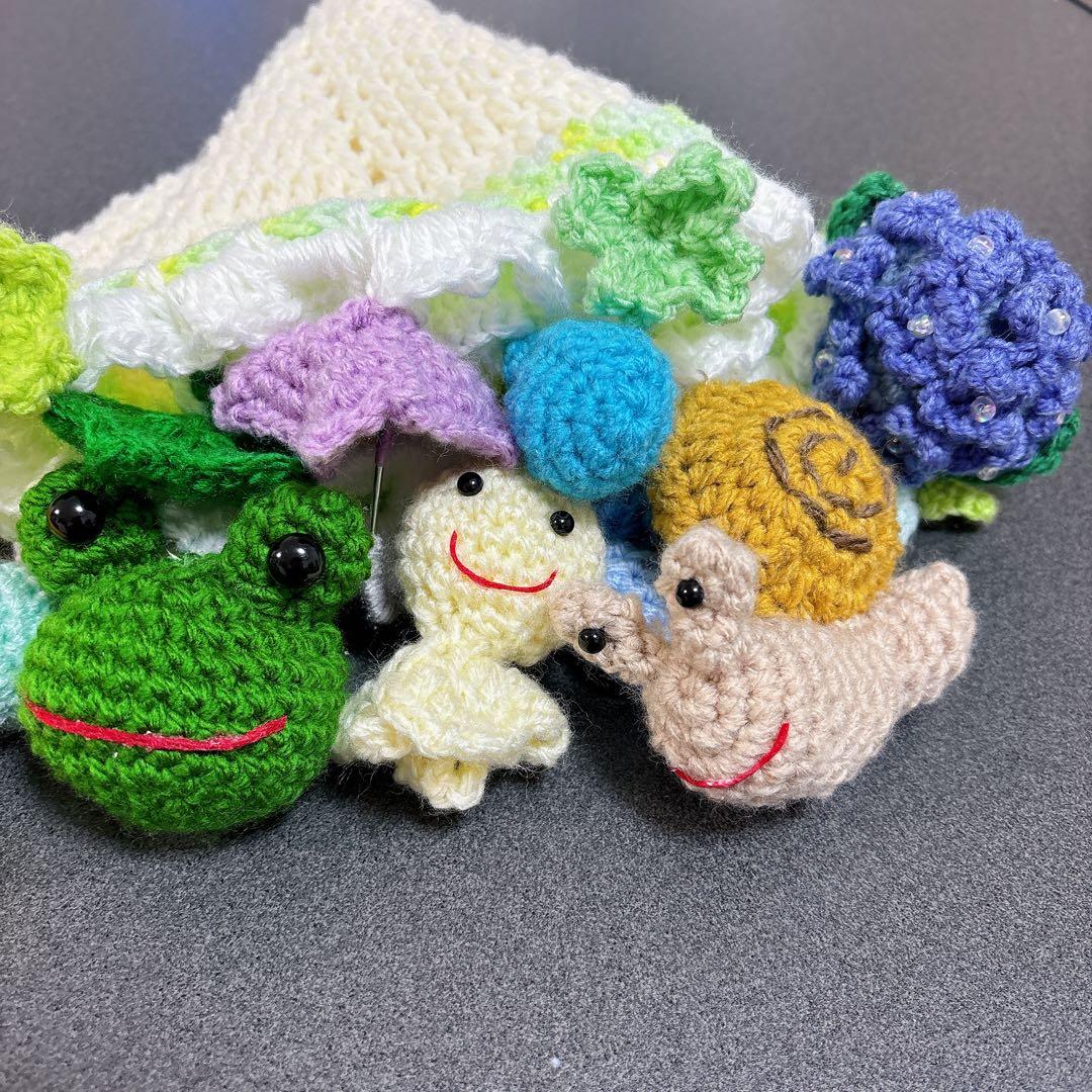 ブーケブランケット　カエル　梅雨　紫陽花　枯れない花　あみぐるみ