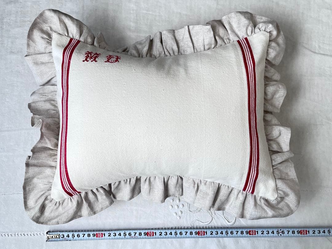 【美品】フランスアンティーク MD 赤ライン クッションカバー