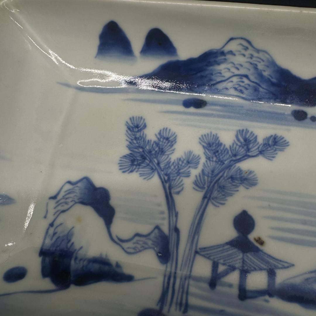 古伊万里　山水図　山水楼閣 染付　角切皿　4客