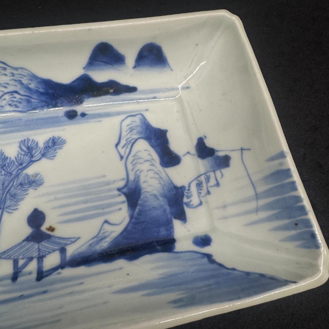 古伊万里　山水図　山水楼閣 染付　角切皿　4客