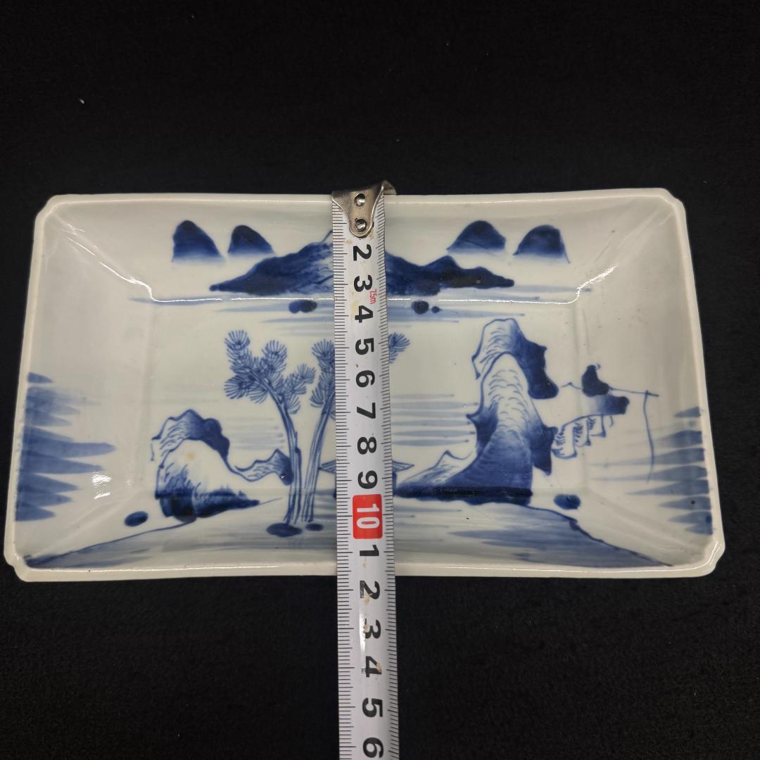 古伊万里　山水図　山水楼閣 染付　角切皿　4客