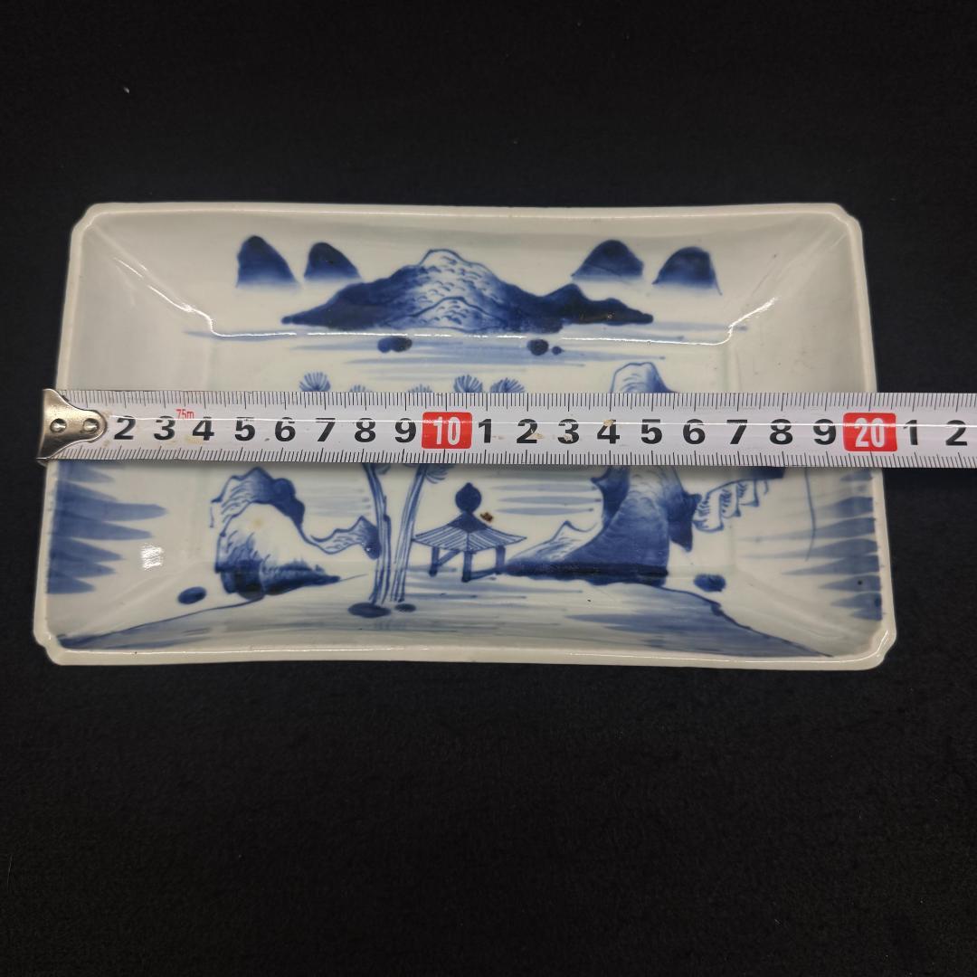 古伊万里　山水図　山水楼閣 染付　角切皿　4客