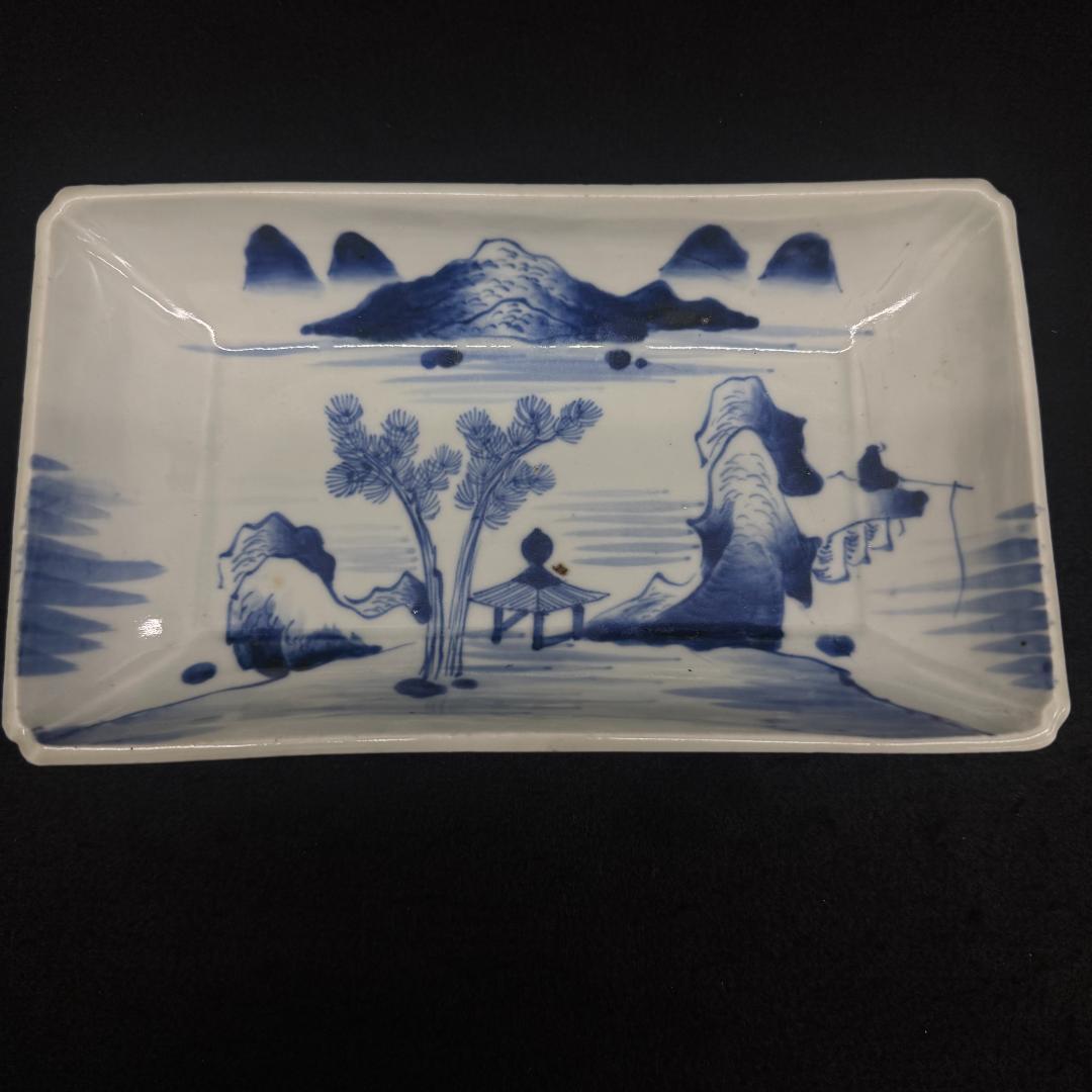 古伊万里　山水図　山水楼閣 染付　角切皿　4客