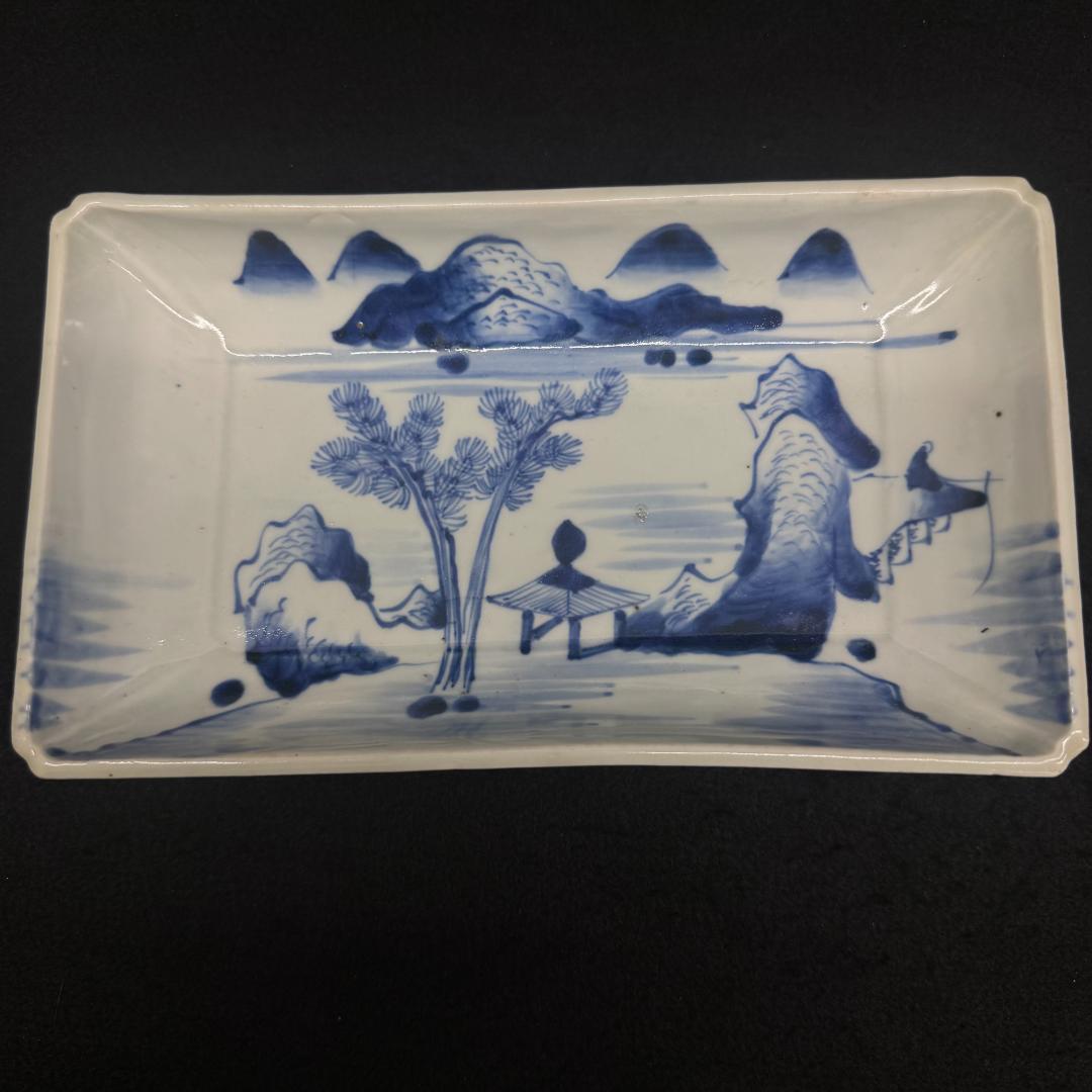 古伊万里　山水図　山水楼閣 染付　角切皿　4客