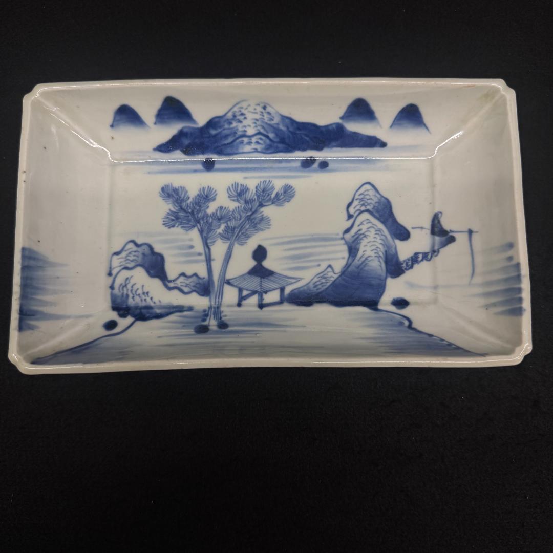 古伊万里　山水図　山水楼閣 染付　角切皿　4客