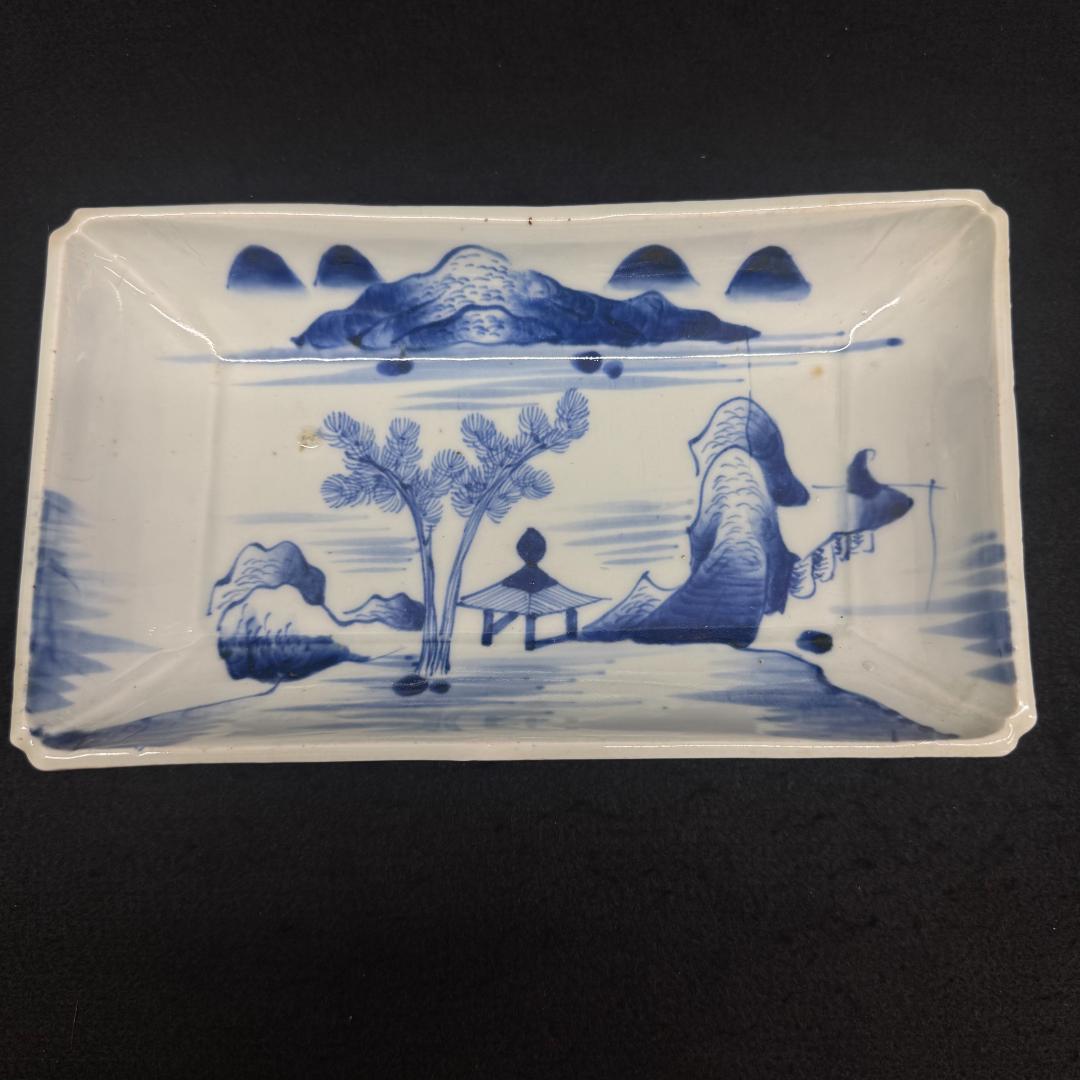 古伊万里　山水図　山水楼閣 染付　角切皿　4客