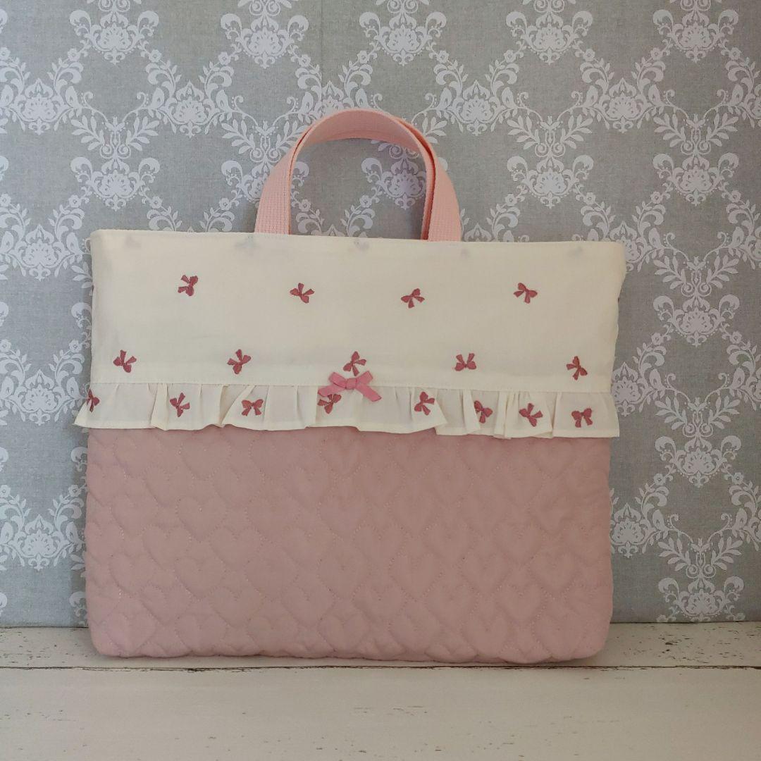 入園入学セット　リボン刺繍生地　ハートキルティング