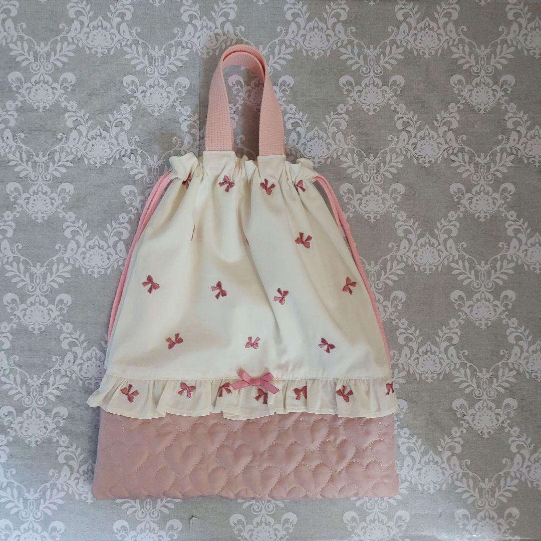 入園入学セット　リボン刺繍生地　ハートキルティング