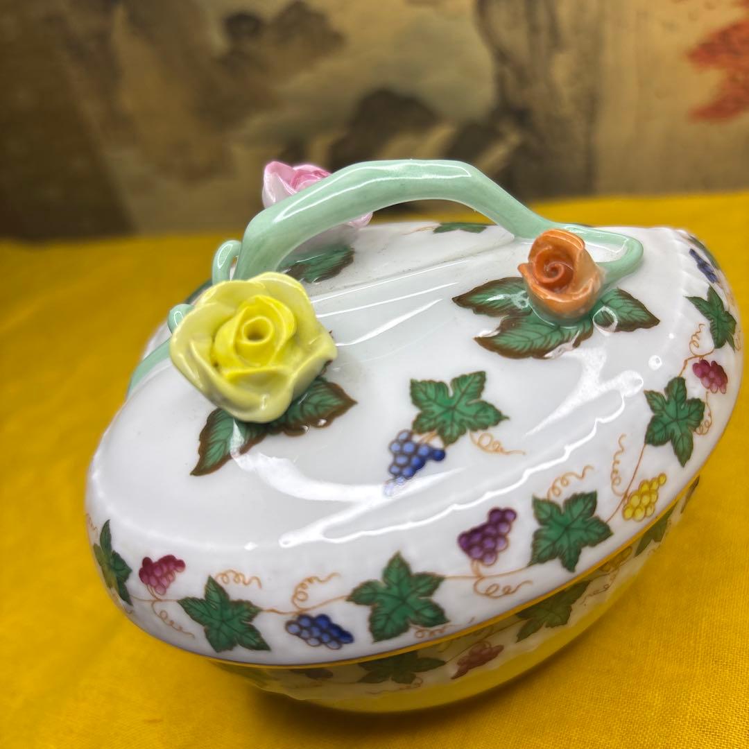 ヘレンド　レーズンガーランド 手描き アポニーピンクハート型小物入　アンティーク