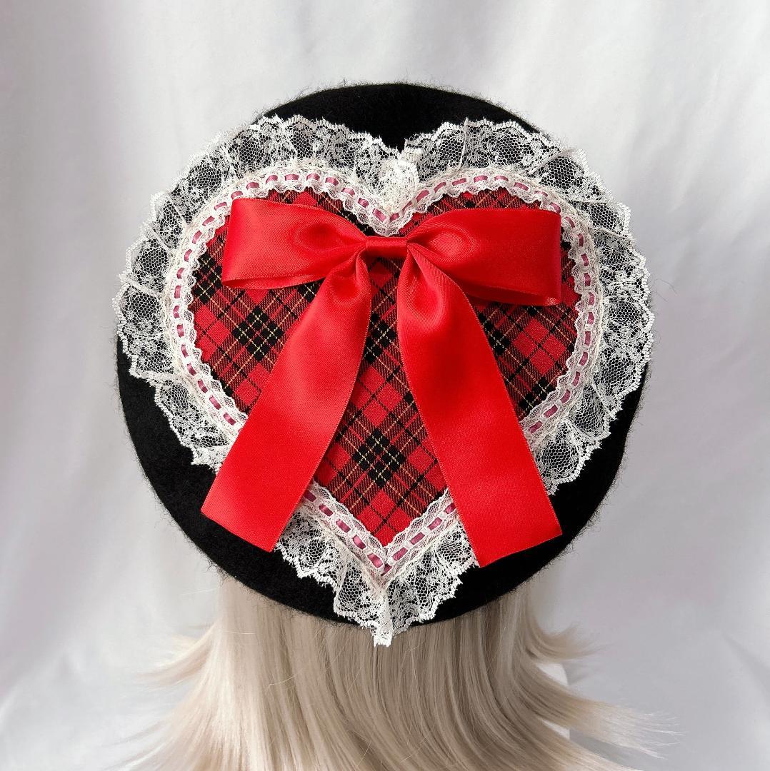 ハンドメイド ハート ベレー帽 タータンチェック ブラック 白レース　ロリィタ