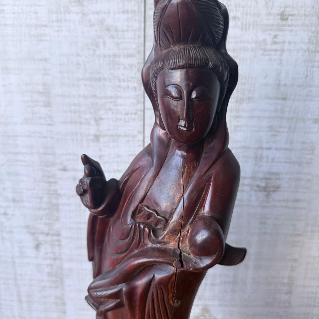 特大 45cm 木彫り 観音菩薩像 仏像 彫刻 骨董 レトロ
