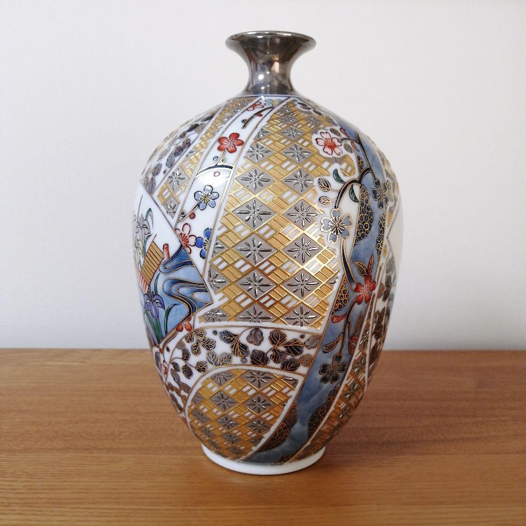 山本一洋　純プラチナ彩　琳派風菖蒲図　花瓶