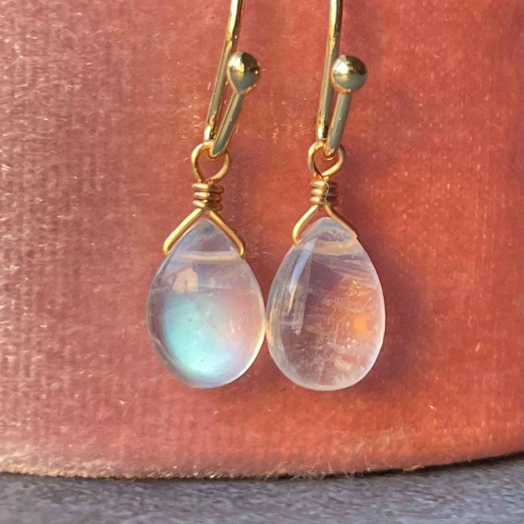 宝石質 シラーばっちり 極上 ムーンストーン 一粒 シンプル ピアス 14kgf