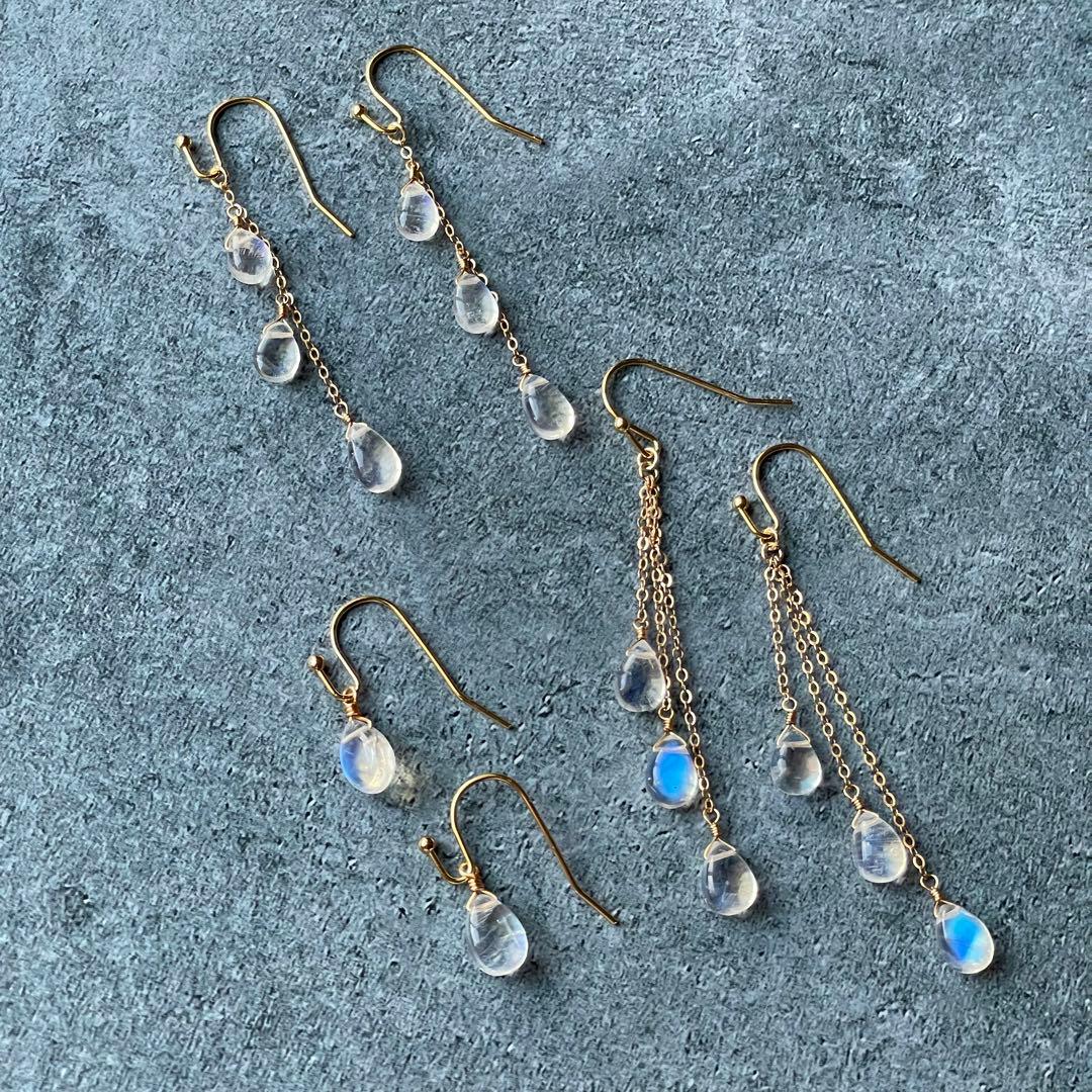 宝石質 シラーばっちり 極上 ムーンストーン 一粒 シンプル ピアス 14kgf